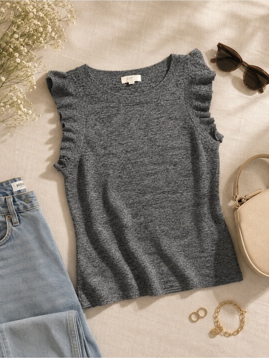 LOFT Tops - LOFT Outlet Heather Gray Ruffle-Shoulder Knit Tank